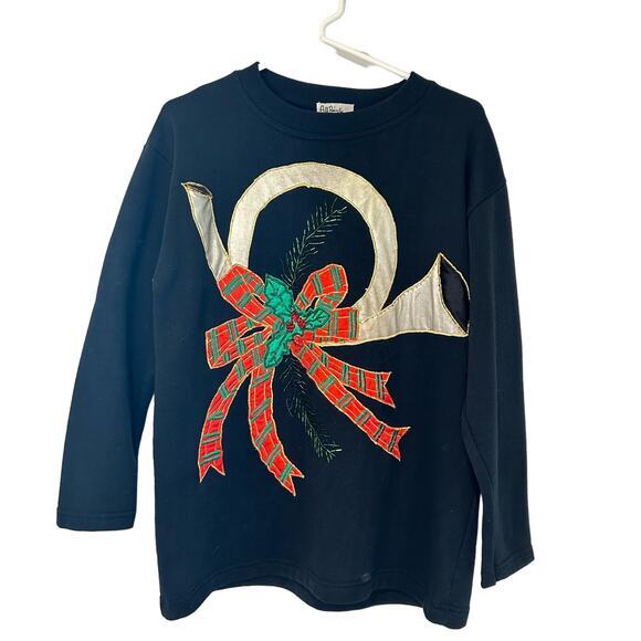 Vtg Christmas Sweatshirt Crewneck Black Horn Holly Mistletoe Sz Small All Points - Picture 1 of 8